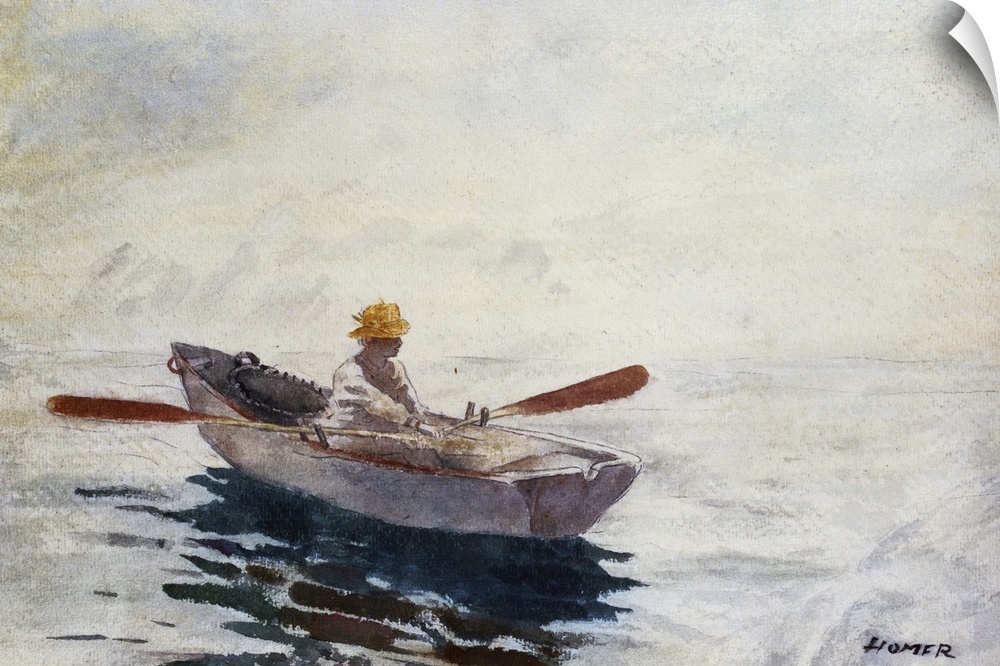 Boy in a Boat, watercolor, pen and pencil on paper.  By Winslow Homer (1836-1910).