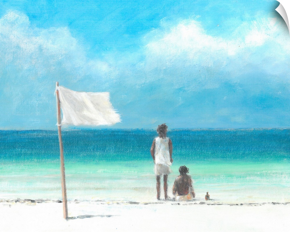 Contemporary painting of two children on a beach with a white flag behind them.