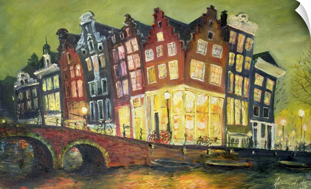 A contemporary landscape painting of historic buildings on a brightly lit street lined with bicycles and a bridge over a c...