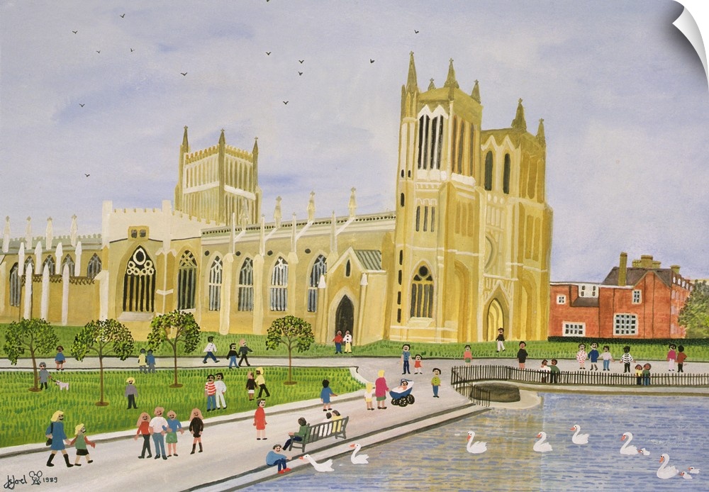 Contemporary painting of people walking by a cathedral.