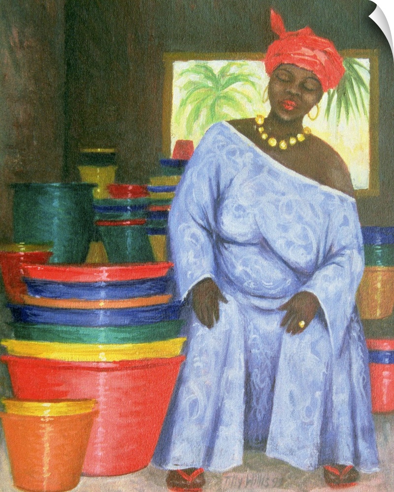 An African woman sits in a room that is filled with colorful pots of all different sizes.