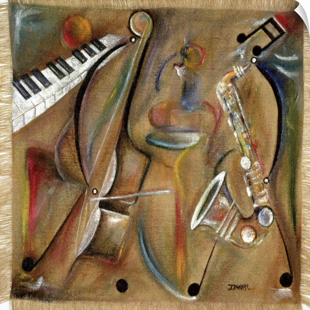 Contemporary painting of multicolored musical instruments with a burlap texture.