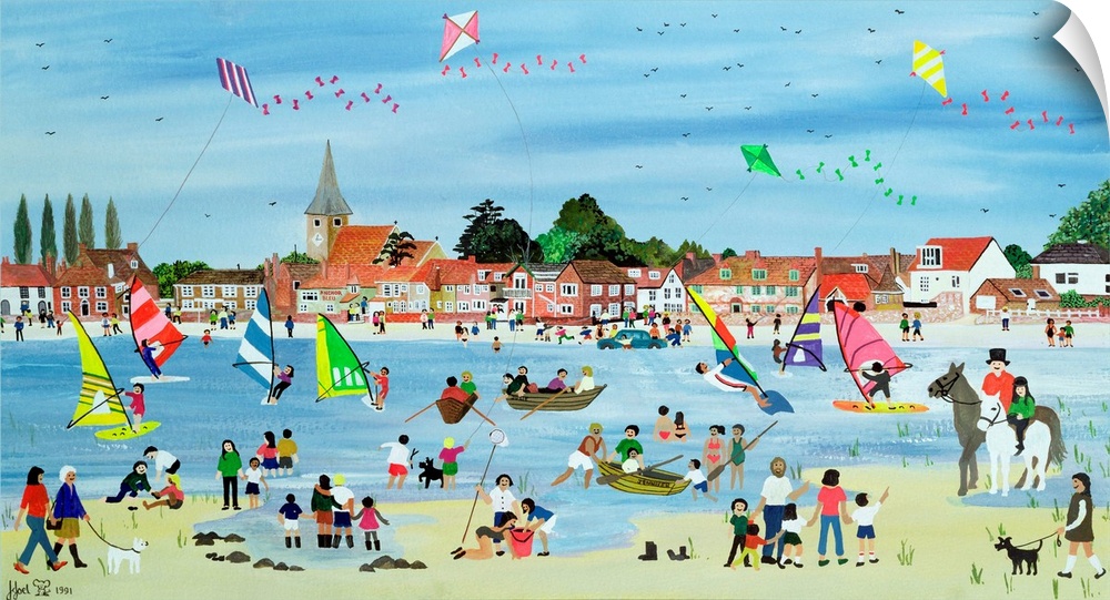 Contemporary painting of a beach full of people in the summer.