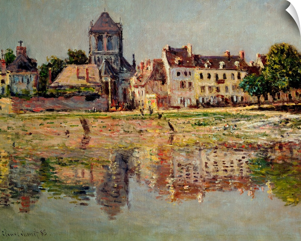 A piece of classic artwork that is a painting of homes lining a body of water that can be seen reflected in the water.