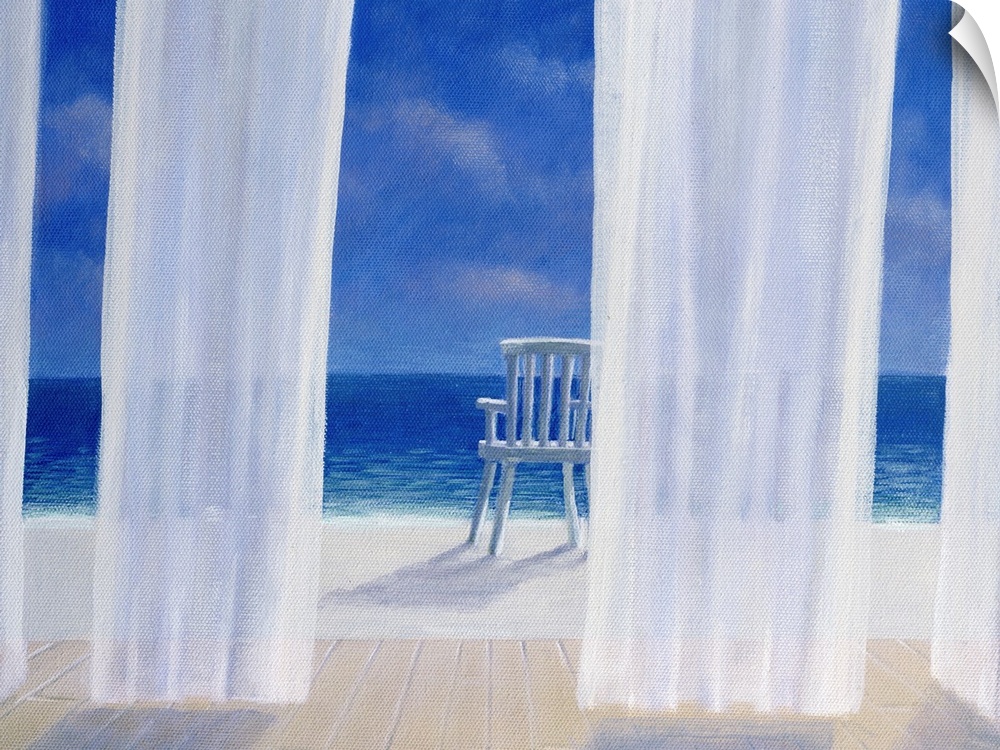 Fantastic wall art for a beach house this contemporary landscape painting looks out to sea through curtains blowing in the...