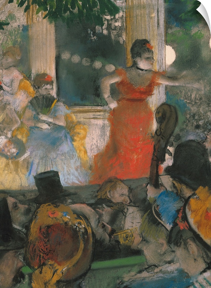 A piece of classic artwork that has a crowd in the foreground of the painting and women in gowns sitting opposite just in ...