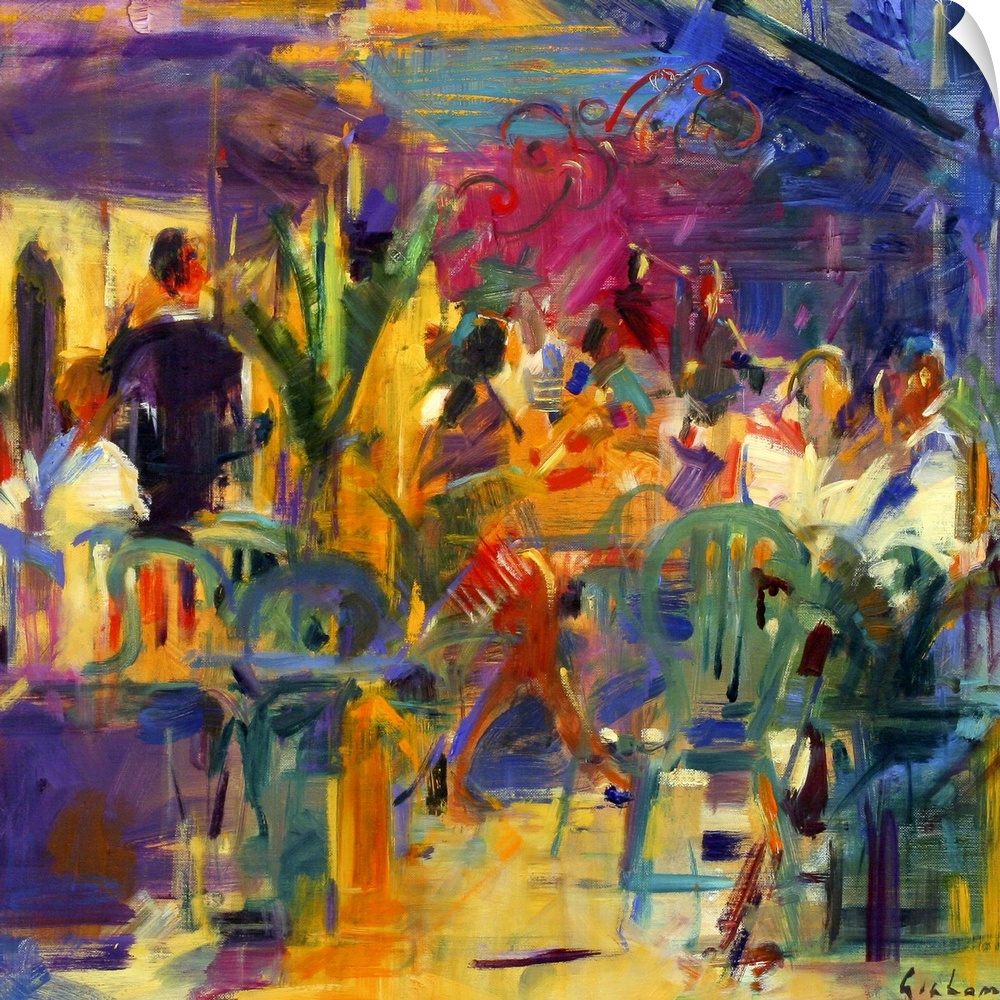 Colorful contemporary oil painting of busy eatery.