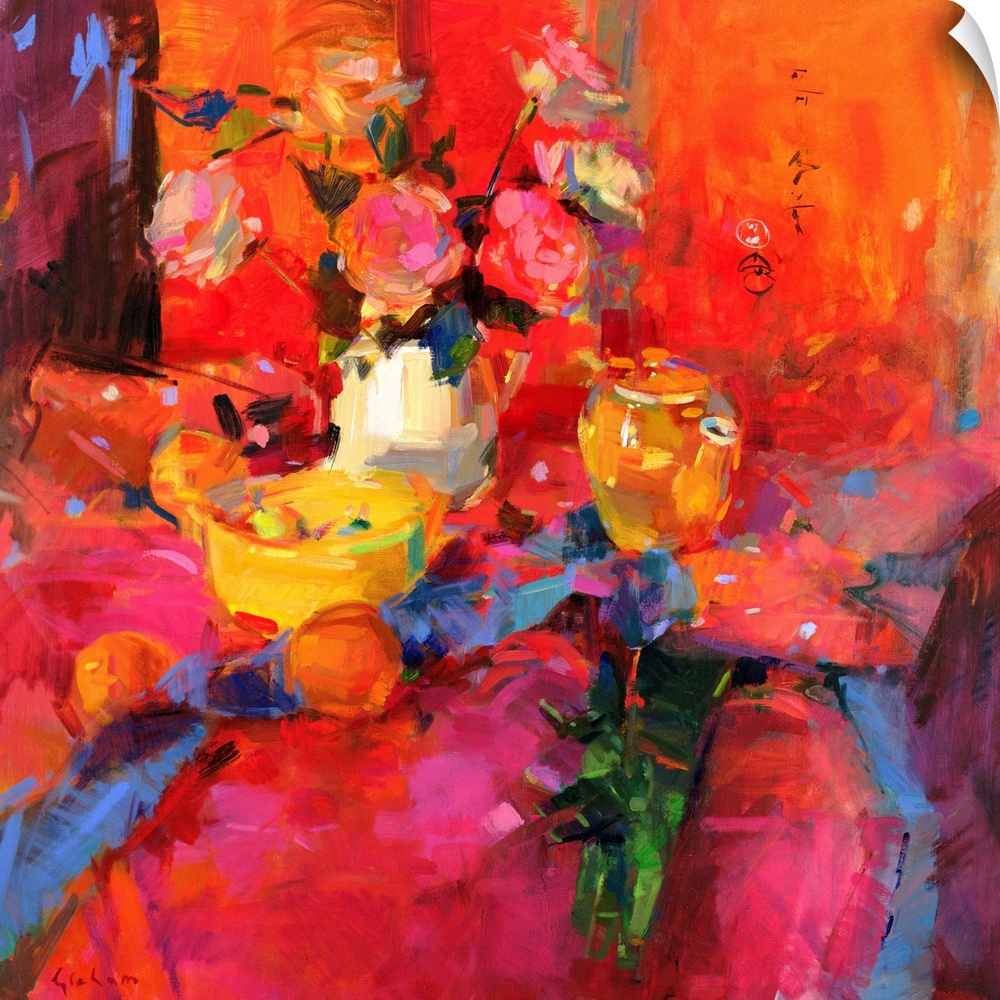 A contemporary painting that uses vibrant colors to paint a vase of flowers and fruit sitting on top of a table.