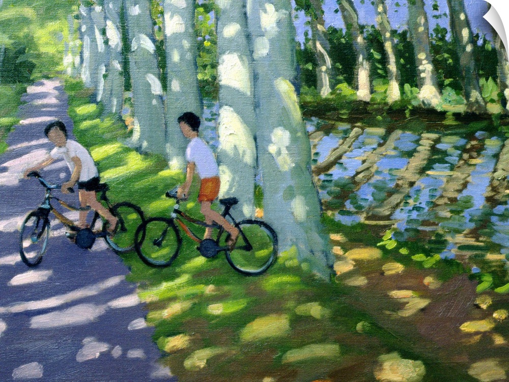 A contemporary painted landscape where trees line a canal and cast shadows on the ground from the midday sun on a path whe...