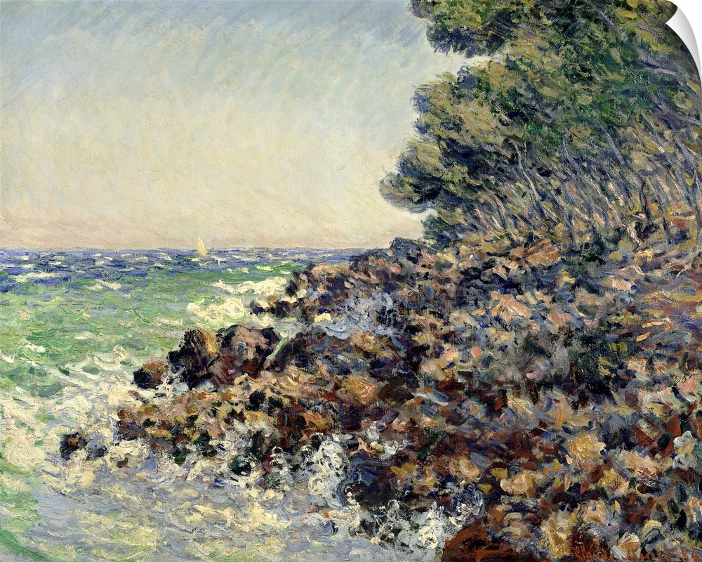 Impressionist oil painting by Claude Monet of a rocky beach shore overlooking the ocean.