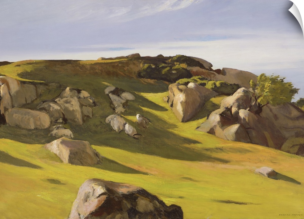 Bright landscape painting of the rocky Cape Anne located in Massachusetts, New England.