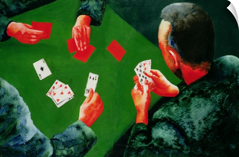 Contemporary painting of men playing a card game.