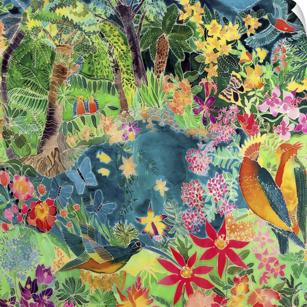 Contemporary painting of the brightly colored animals and flowers of the jungle.