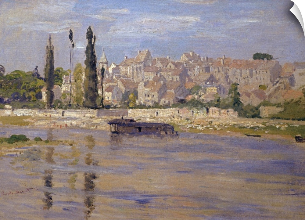 Oversized, landscape, classic art painting of a body of water in the foreground, a city with many buildings in the backgro...