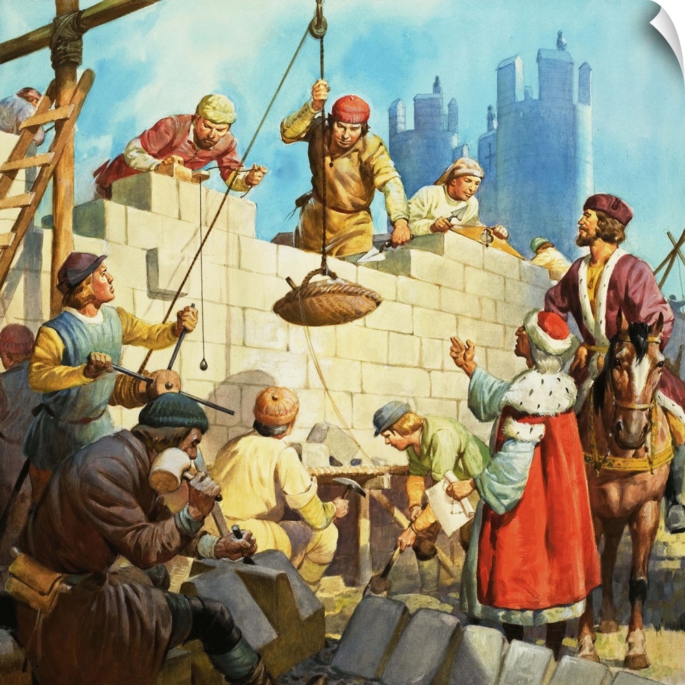 Castle Construction. Original artwork for illustration in Look and Learn.