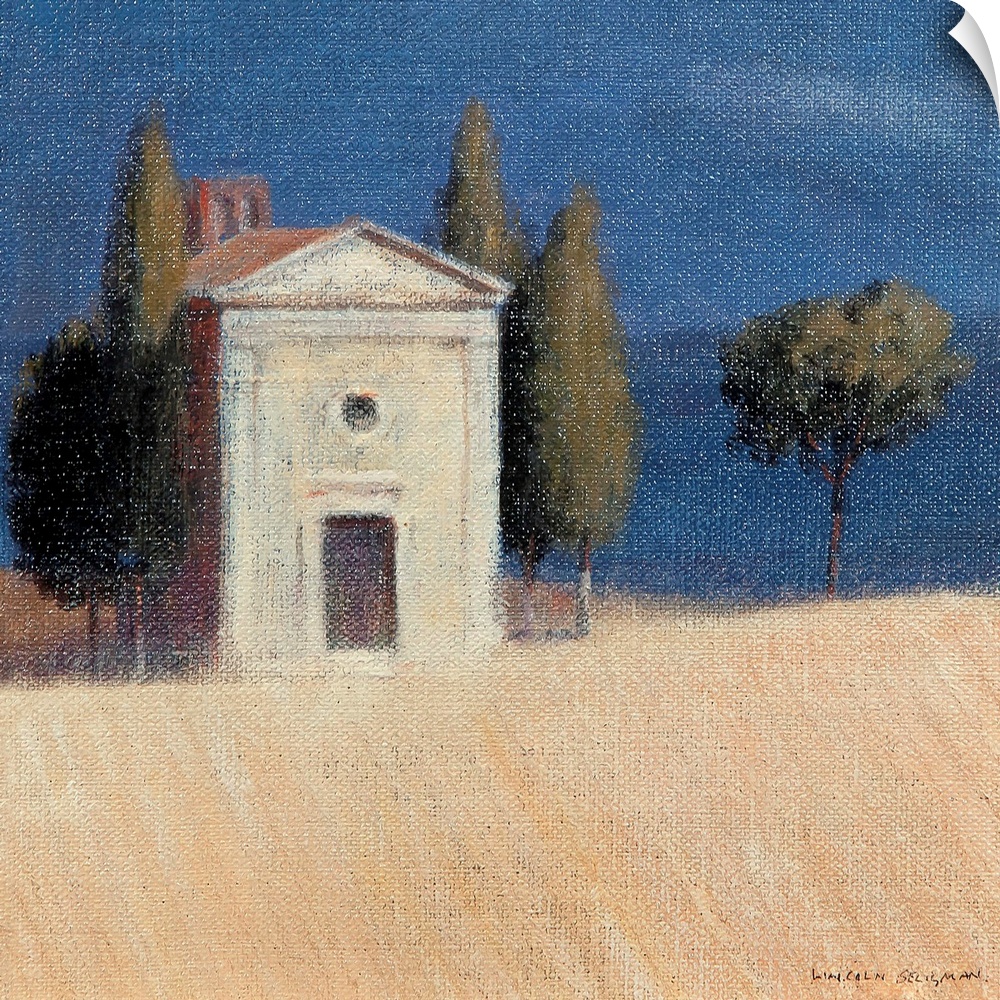 Contemporary painting of a church in the Tuscan countryside.