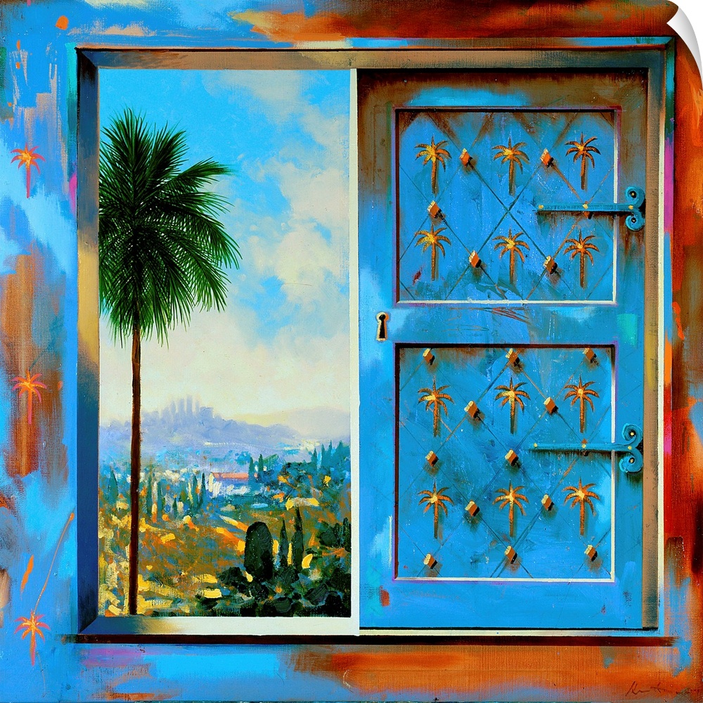 Contemporary artwork of a window with one shutter closed, and a palm tree visible on the other side.