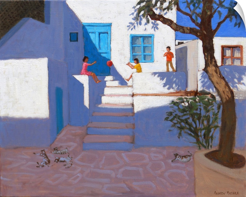 Children and cats, Mykonos, 2017, (originally oil on canvas) by Macara, Andrew