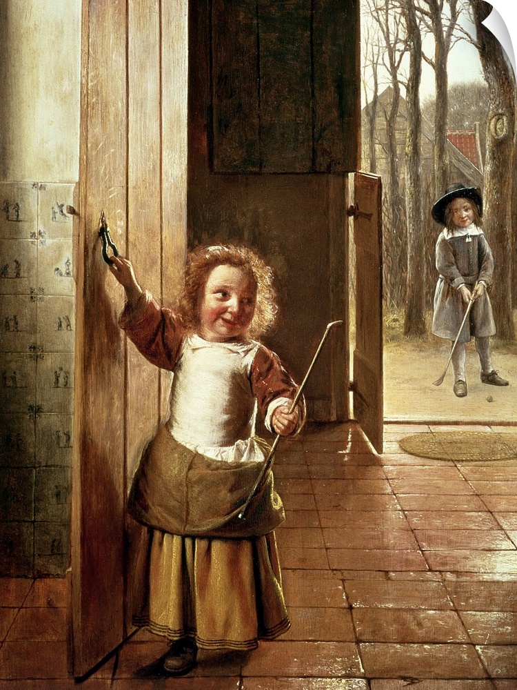 BAL6353 Children in a Doorway with 'Colf' Sticks, c.1658-60 (oil on panel)  by Hooch, Pieter de (1629-84); 63.5x45.7 cm; P...