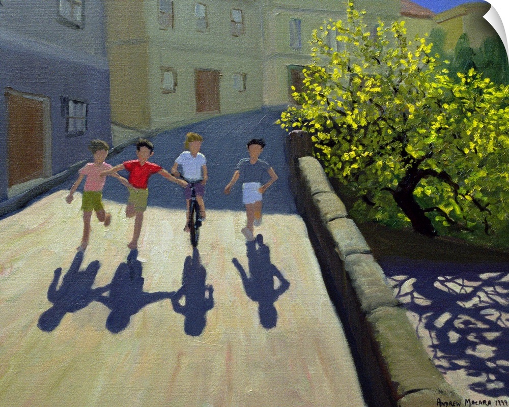 Horizontal painting on a big canvas of three children running alongside one that is on a bicycle, down a steep roadway nex...