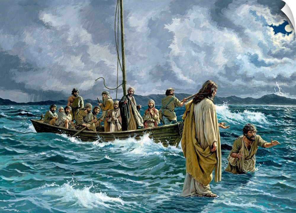 Painting of Jesus walking on water.  The disciples are in a boat and Peter is sinking as he walks toward the Savior.  Ther...