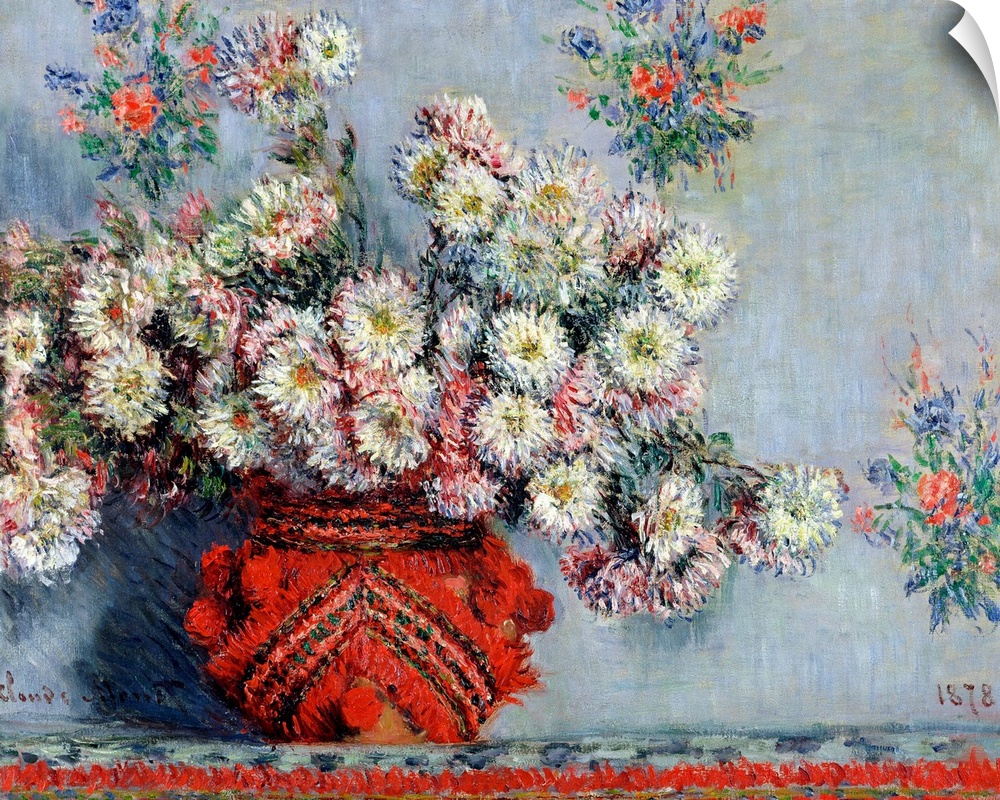 Large, landscape classical painting of a big vase full of chrysanthemums, against a floral, wallpapered background.  The v...