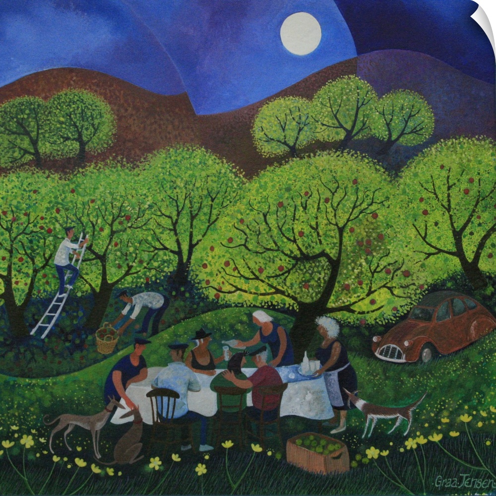Contemporary painting of people drinking apple cider in an orchard at night.