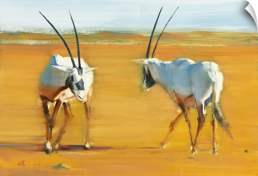 Contemporary wildlife painting of two Oryx in the desert.