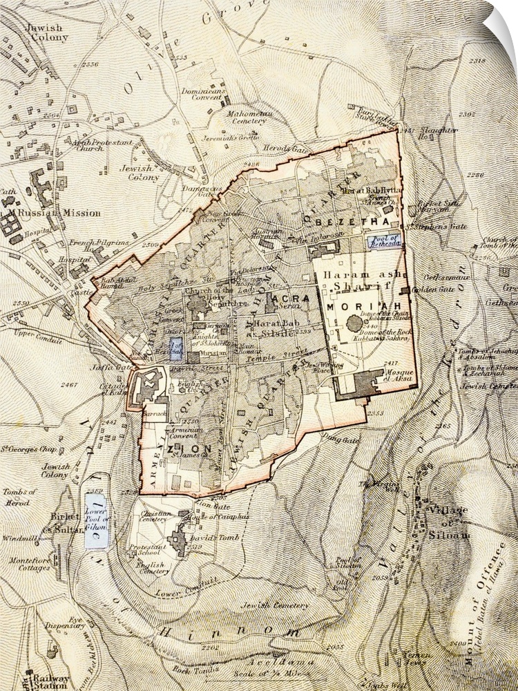 City map of Jerusalem in the 1890s. From The Citizen's Atlas of the World published in London, circa 1899.