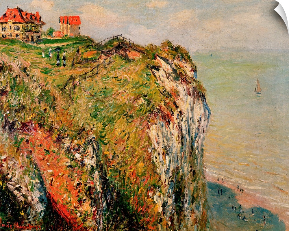 This large oil painting depicts a cliff with houses pushed back from the ledge with red roofs. The water is shown to the r...