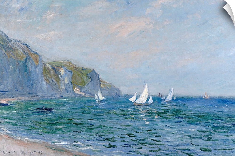 A landscape painting from a classic Impressionist master, this scene shows sail boats on the sea lined with steep cliffs.