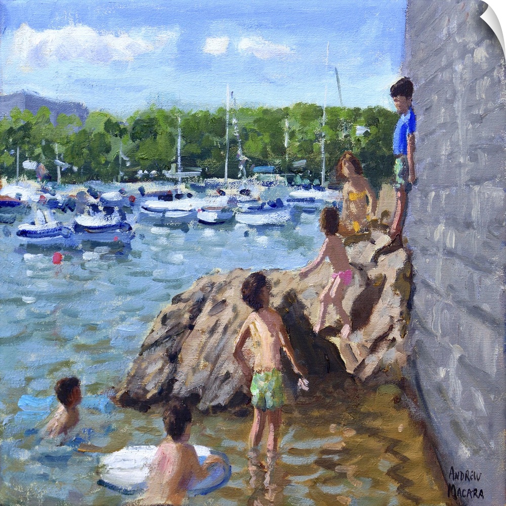 Climbing Rocks, Tenby Harbour, 2016, originally oil on canvas.