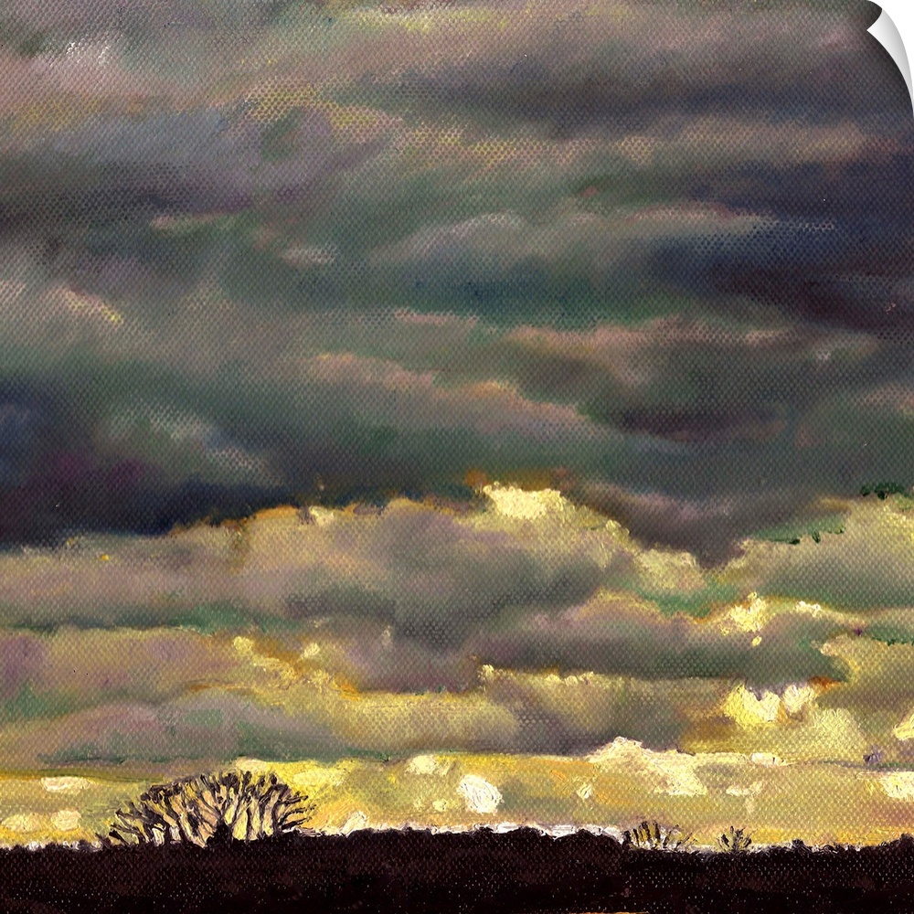 Contemporary painting of a sky with layers of ominous looking clouds.