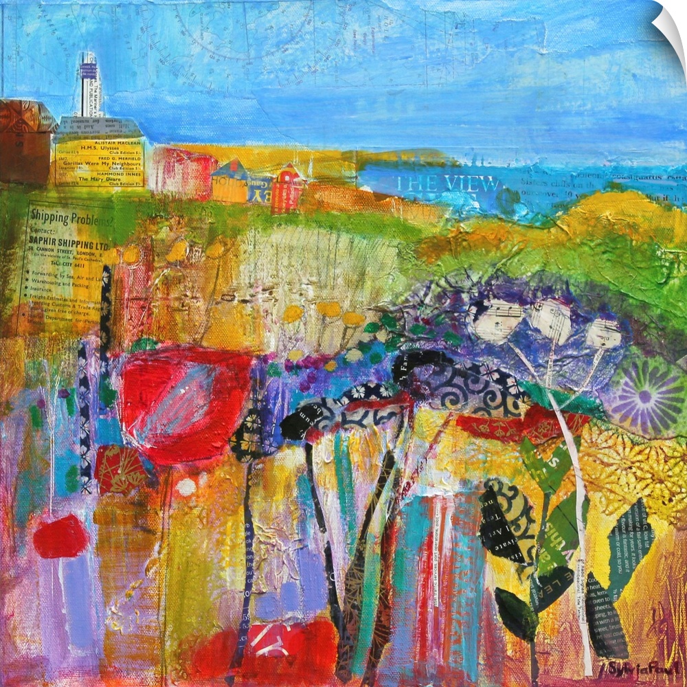 Contemporary painting using vivid colors to express landscape view.