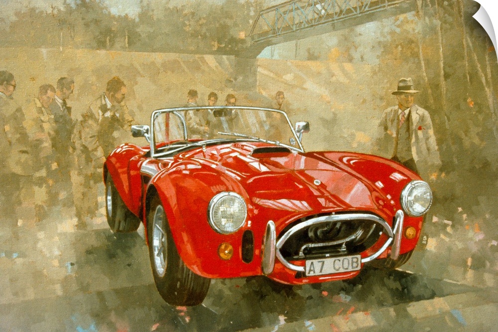 A painting of a gleam vintage British-American sports car surrounded by many admires from the time period.
