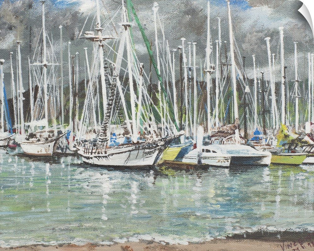 Contemporary painting of sailboats docked in a harbor under gray skies.