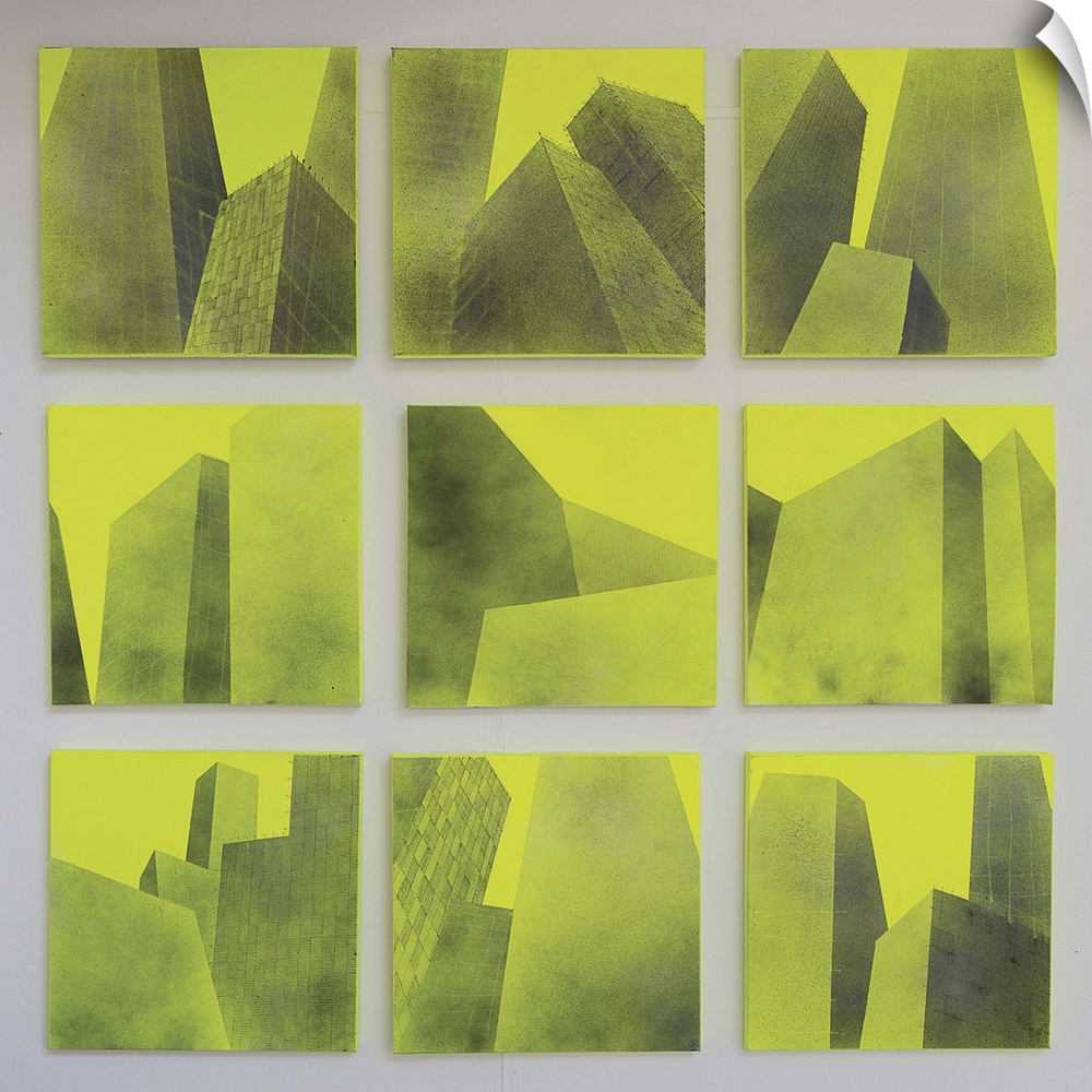 Contemporary painting of green square tiles with geometric shapes in them.