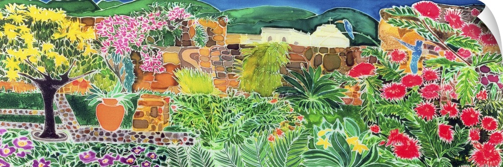 Contemporary painting of a colorful garden landscape.
