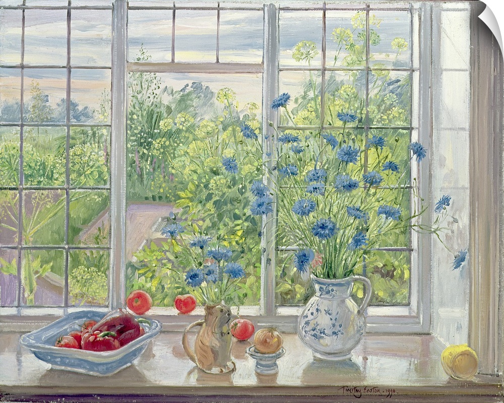 Painting of windowsill with flower vases and vegetables with garden.  A small garden is seen through the window.