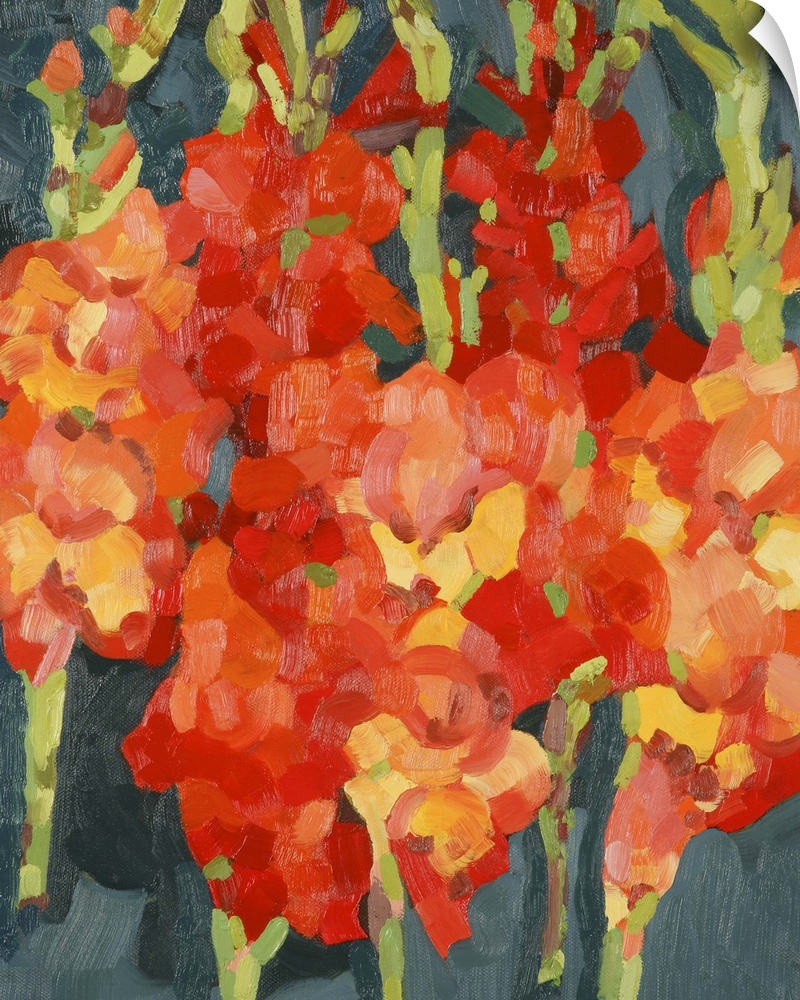 Large, vertical, floral painting of a bunch of fiery colored gladiola on a dark background.  Painted with thick, short bru...