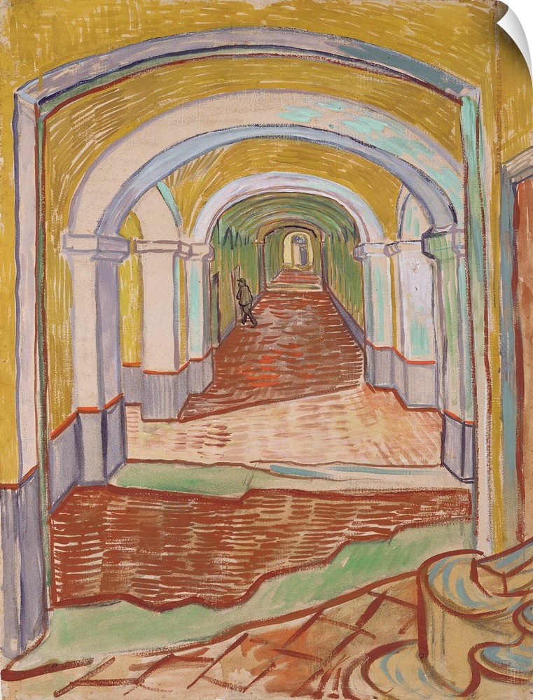 Corridor in the Asylum, September 1889, oil colour and essence over black chalk on pink laid 'Ingres' paper.  By Vincent v...