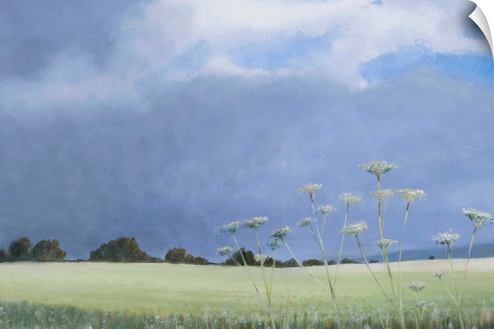 Contemporary painting of a grassy field with parsley growing under a cloudy sky.