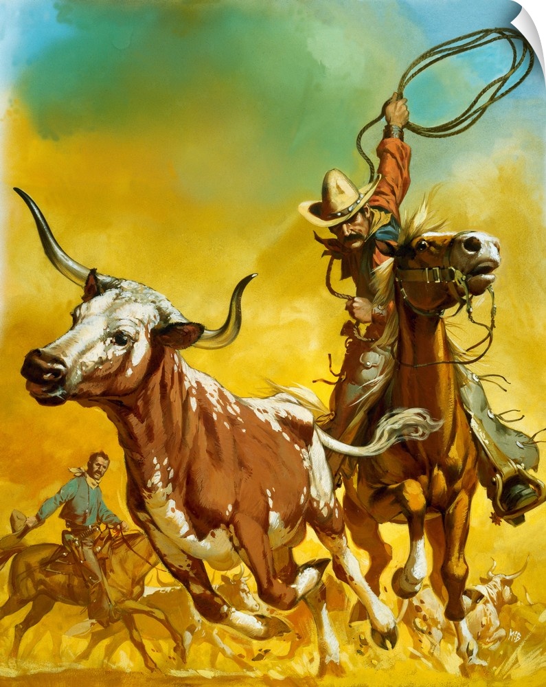 Cowboy lassoing cattle.