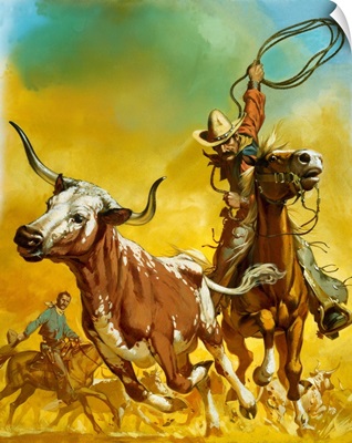 Cowboy lassoing cattle