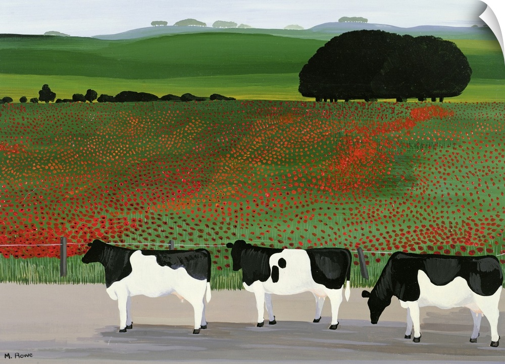 Large artwork on a horizontal canvas of three cows standing in front of a fenced off field of poppy flowers.  Large trees ...