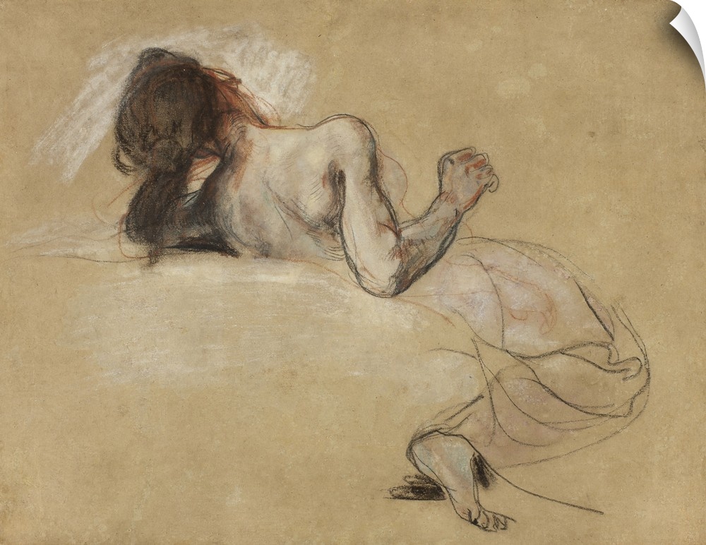 Crouching woman, 1827, black and red chalk, with pastel, heightened with white chalk, over wash, on tan wove paper.