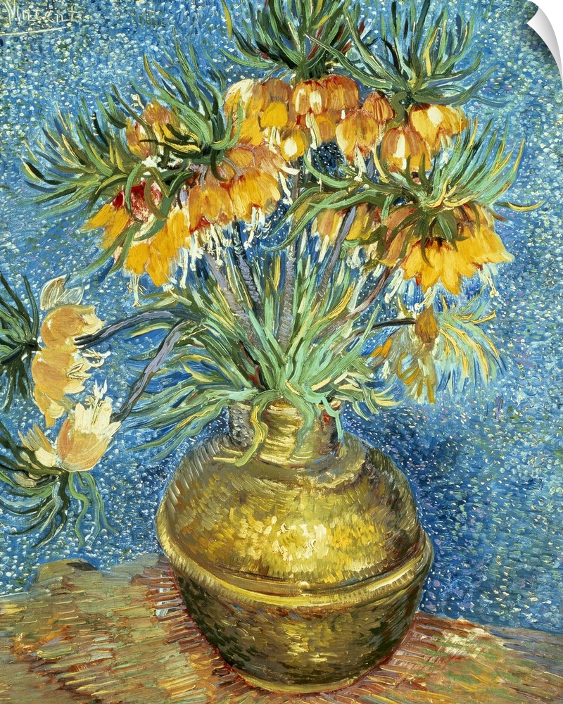 Vertical, classic art painting in thick brushstrokes of a bouquet of drooping yellow flowers in a copper vase, on a table.