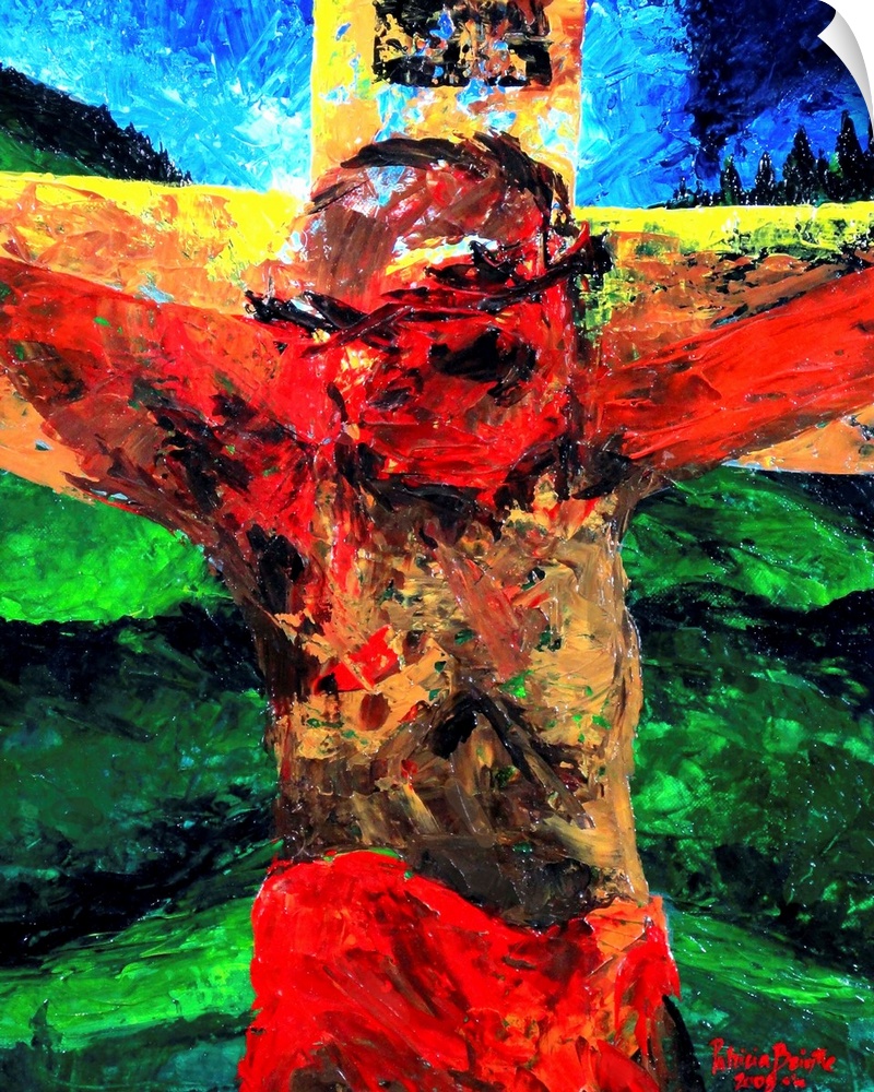 Contemporary religious painting of Christ on the cross.