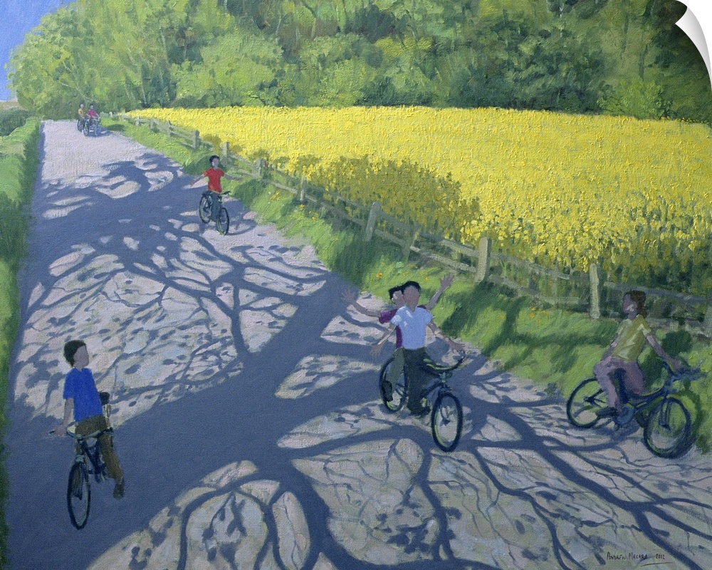 Oil painting of kids on bikes riding down a path lined with a brightly colored flower meadow with forest in the distance.