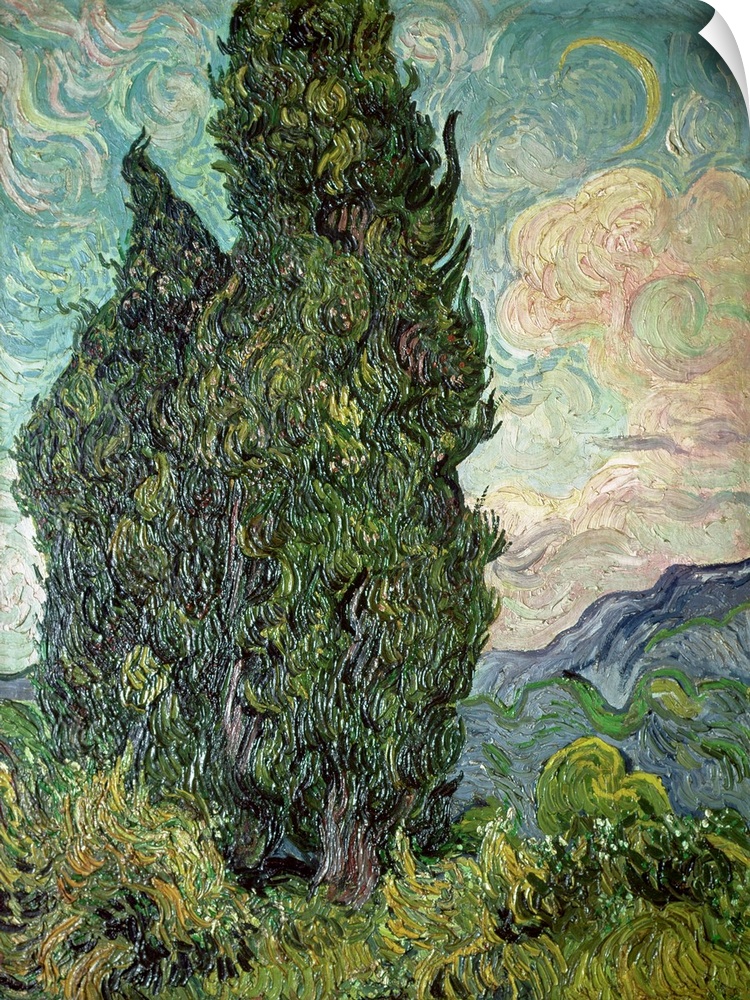 Oil painting of huge tree with mountains and clouds in the distance.  The painting consists of swirled brush strokes to cr...